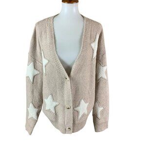 Threaded Leaf Taupe White Star Button Cardigan XL Soft Knit Y2K Cottagecore